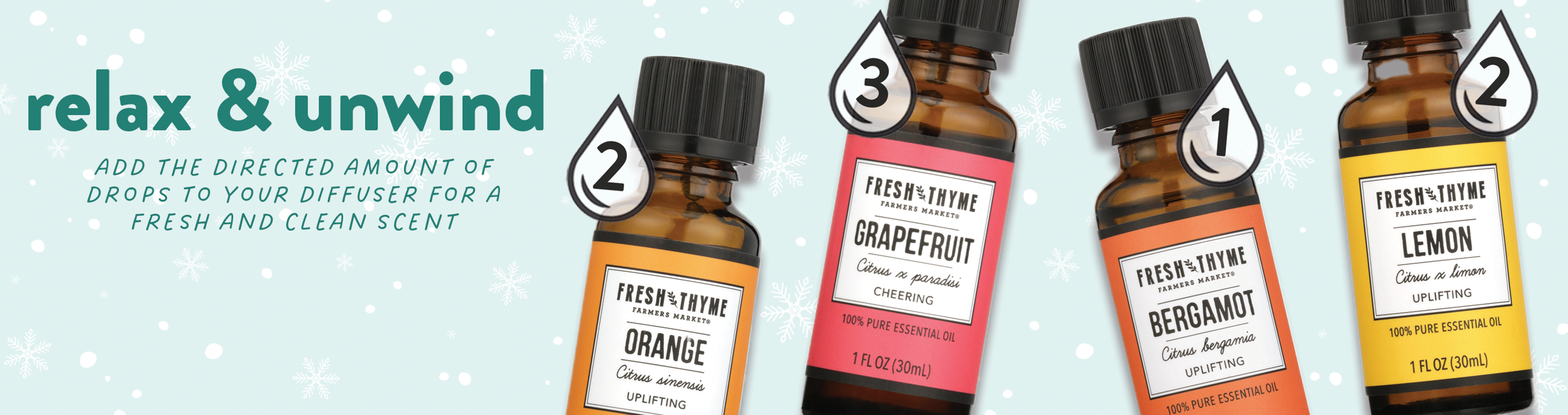 Relax and unwind. Add the directed amount of drops to your diffuser for a calming and refreshing scent