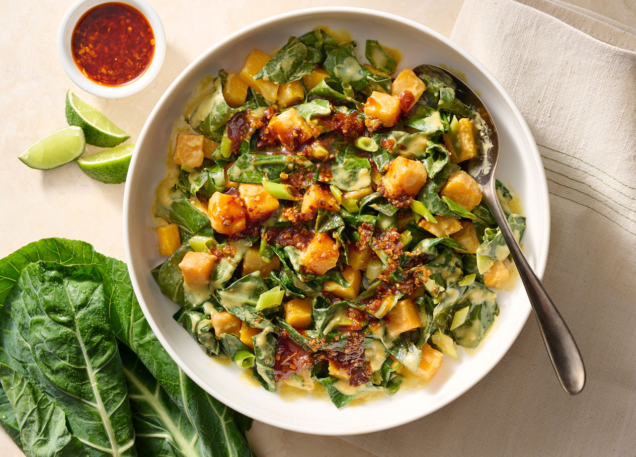Coconut Milk Braised Collards with Squash
