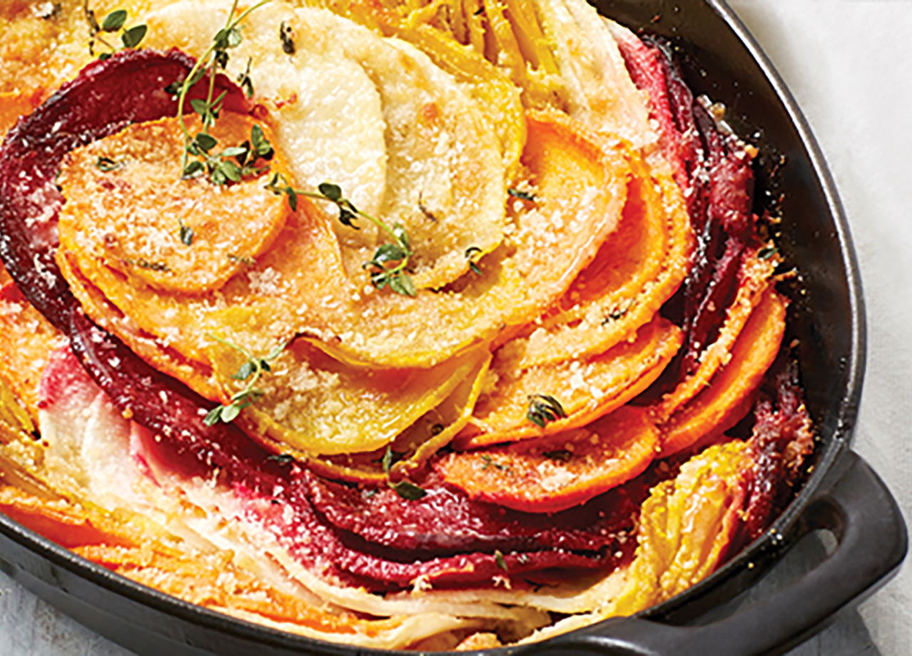 Miso Dijon Roasted Root Vegetables in Cast Iron