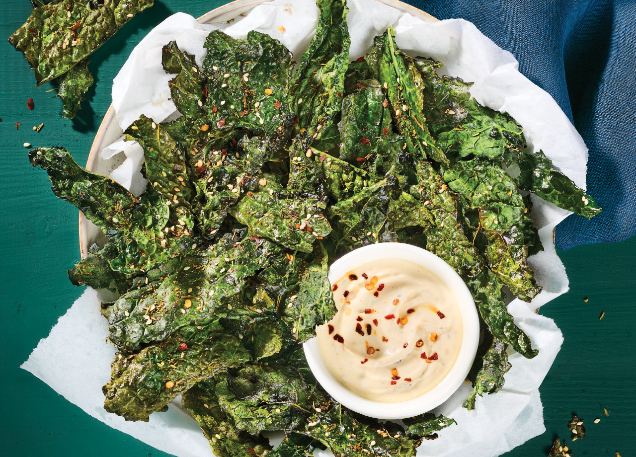 Crispy Kale Chips with Spicy Tahini Sauce